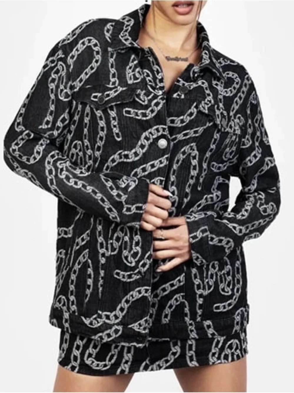 Disturbia Grounded Oversized Denim Jacket Size US 4 Black / Charcoal Chain